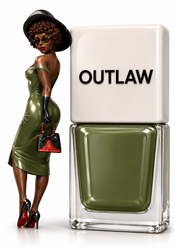 Outlaw by TRUE Nail Polish, a bold khaki green vegan nail polish with brilliant shine, long-lasting colour and a professional salon-quality finish. true nail polish pin-up