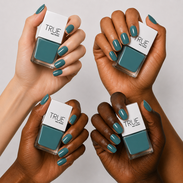 Manicure wearing Rock Pool deep teal nail polish by TRUE Nail Polish with glossy gel-effect finish, perfect for summer, autumn, winter and evening looks.
