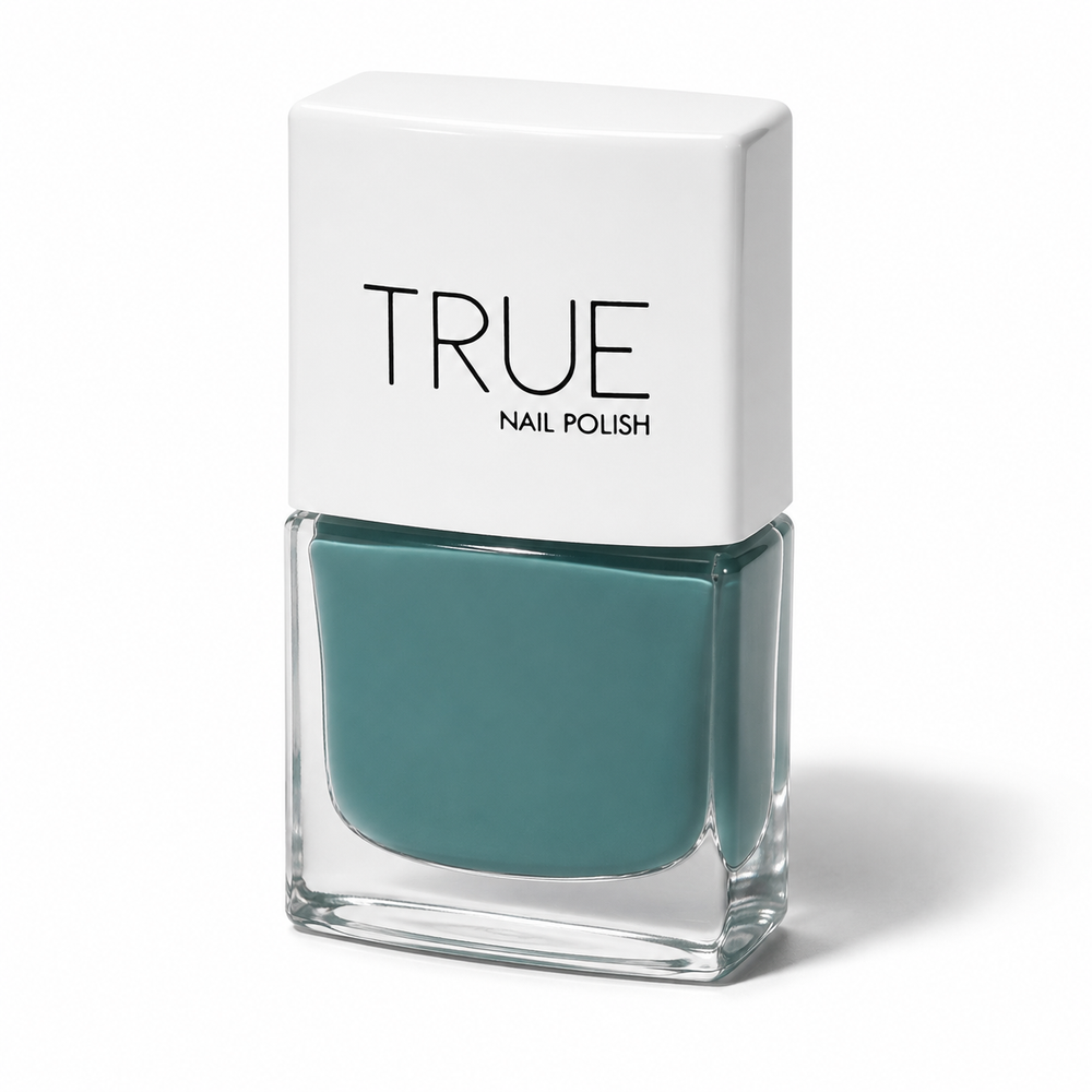 Bottle of Rock Pool deep teal vegan nail polish by TRUE Nail Polish with a glossy gel-effect finish, long-lasting chip-resistant formula and salon-quality shine.