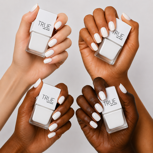 Manicure wearing Santorini white nail polish by TRUE Nail Polish with a glossy gel-effect finish, perfect for bridal nails, French manicures and minimalist nail designs.