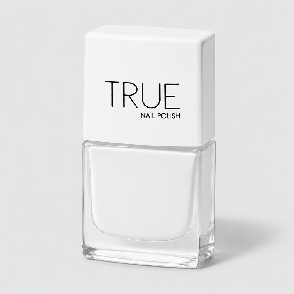 Bottle of Santorini bright white vegan nail polish by TRUE Nail Polish with a glossy gel-effect finish and long-lasting chip-resistant formula.