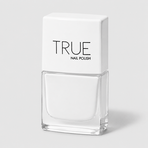 Bottle of Santorini bright white vegan nail polish by TRUE Nail Polish with a glossy gel-effect finish and long-lasting chip-resistant formula.