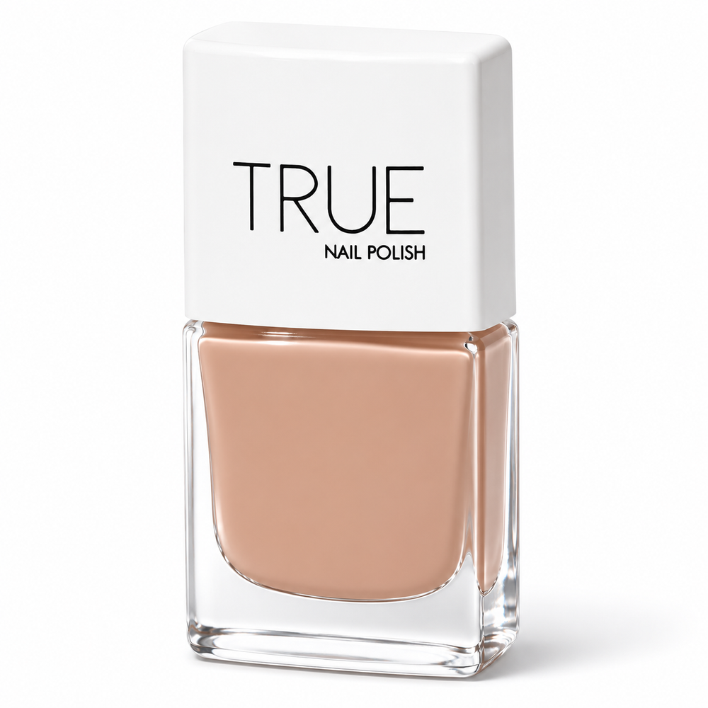 Bottle of Sentimental soft nude vegan nail polish by TRUE Nail Polish with a glossy gel-effect finish and long-lasting chip-resistant formula.