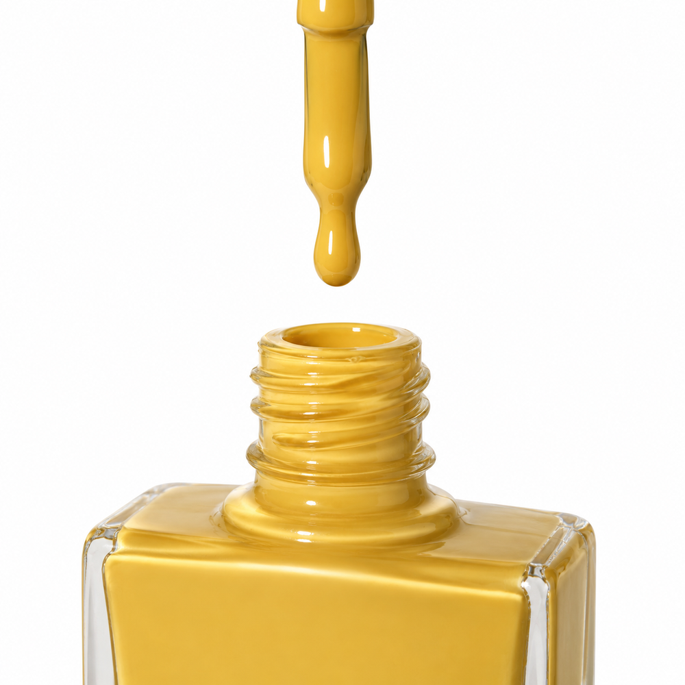 Bottle of Sunflower Fields vibrant sunflower yellow vegan nail polish by TRUE Nail Polish with a glossy gel-effect finish and long-lasting chip-resistant formula.