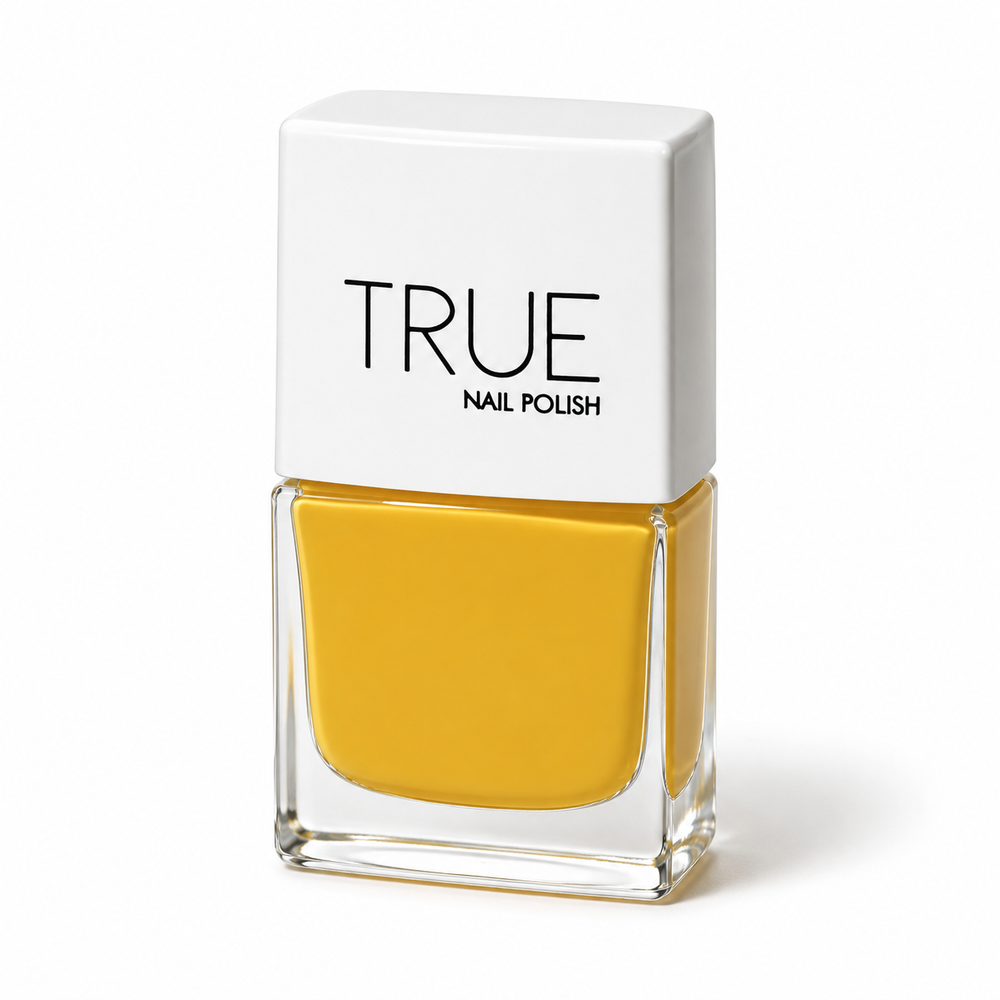 Bottle of Sunflower Fields vibrant sunflower yellow vegan nail polish by TRUE Nail Polish with a glossy gel-effect finish and long-lasting chip-resistant formula.