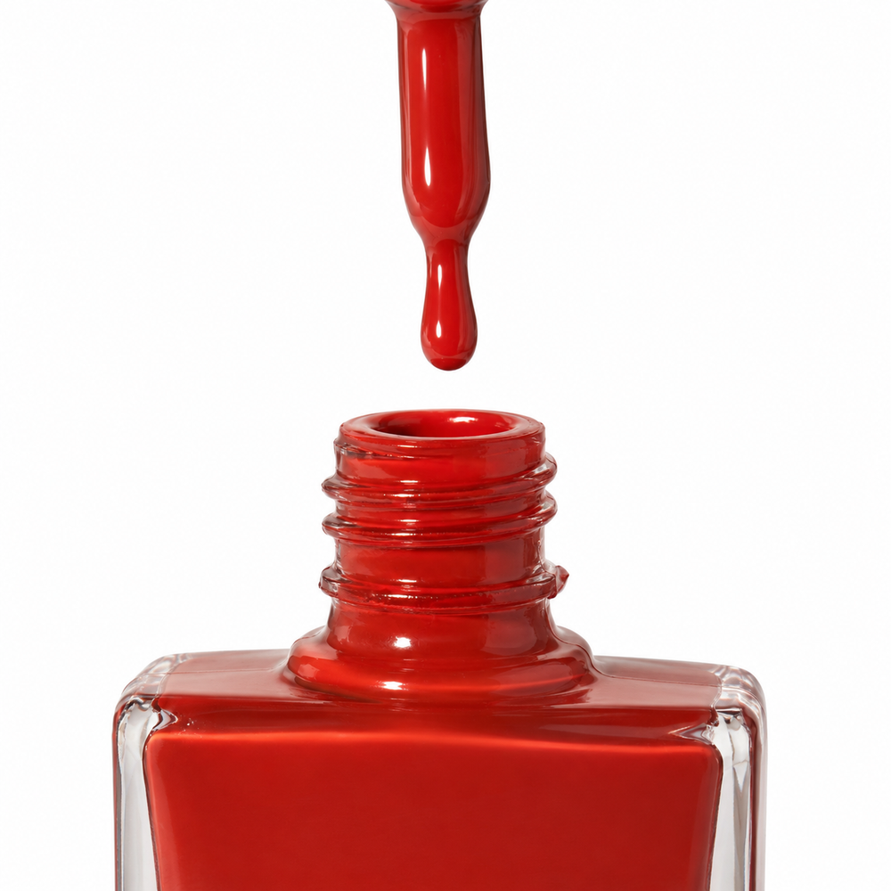 A bottle of TRUE Nail Polish in a vibrant, deep, burnt red shade called Spiced Rum.  featuring a white square cap with the brand name 'TRUE nail polish' printed in black, set against a clean white background.