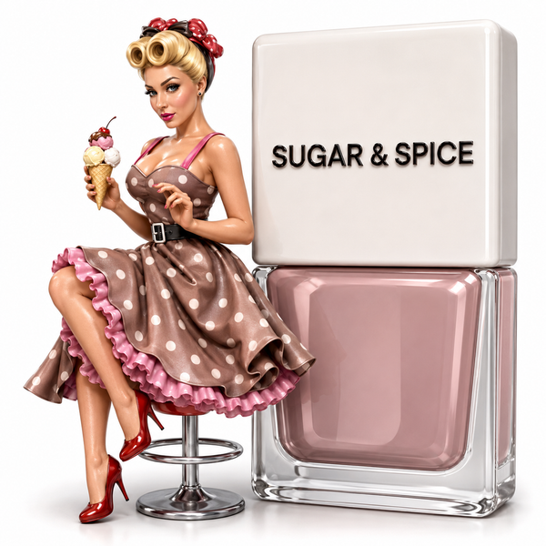 A bottle of true nail polish next to a retro pin-up doll wearing a brown and pink polka dot dress and holding an ice cream cone. The nail polish cap reads 'SUGAR & SPICE'.