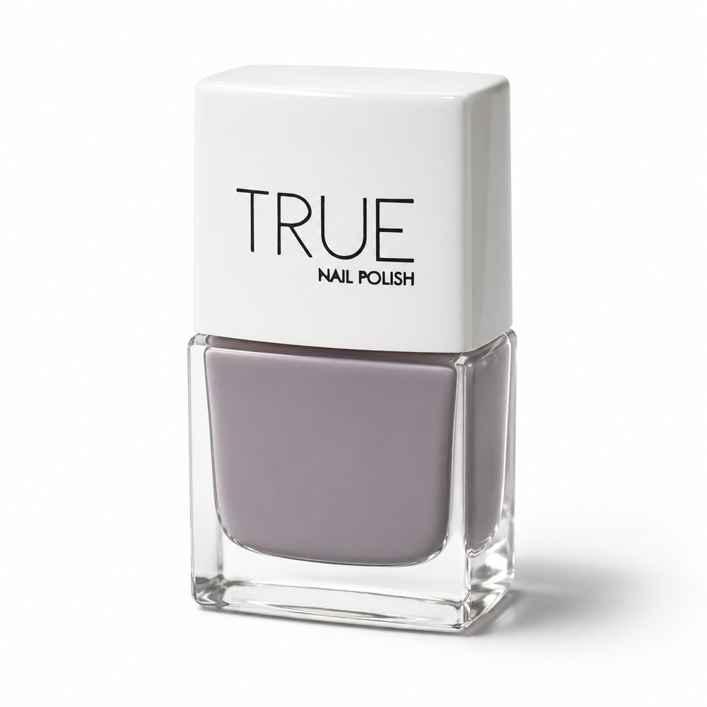 Bottle of Wisdom light grey vegan nail polish by TRUE Nail Polish with a glossy gel-effect finish and long-lasting chip-resistant formula.