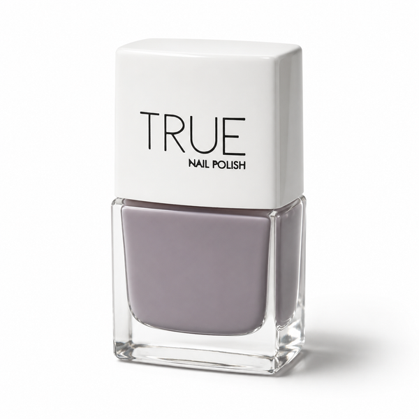 Bottle of Wisdom light grey vegan nail polish by TRUE Nail Polish with a glossy gel-effect finish and long-lasting chip-resistant formula.